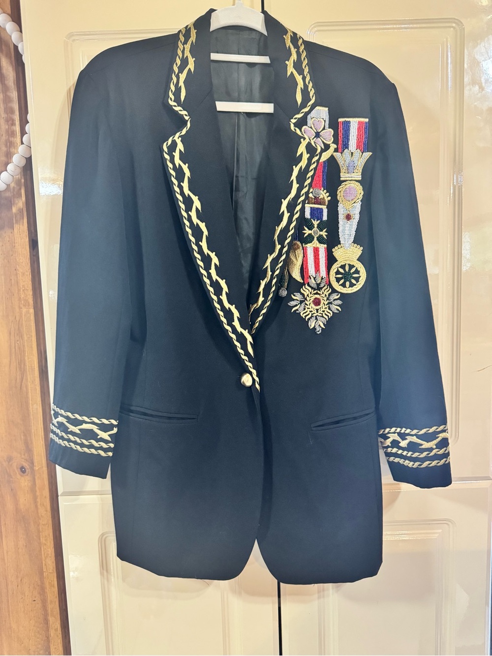 Embroidered Navy Blazer with Gold Trim
